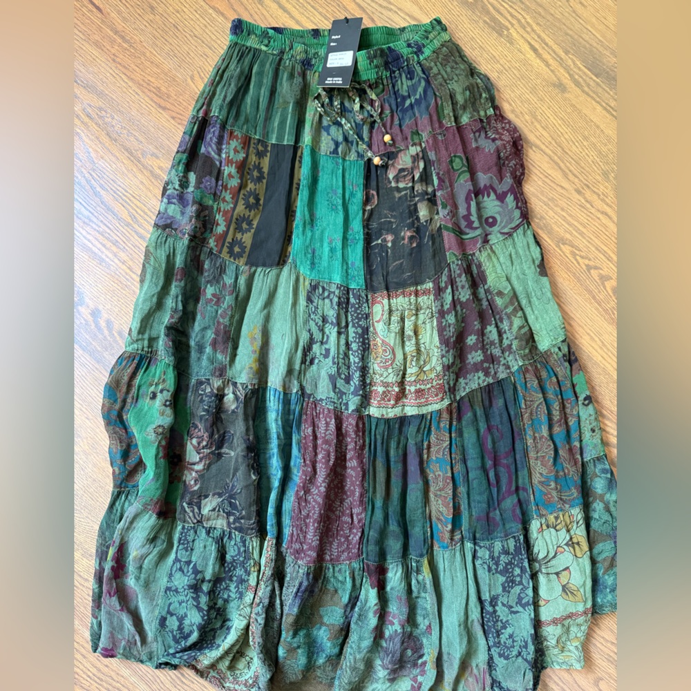 NWT Young Threads Bohemian Patchwork Maxi Skirt - Green and Black